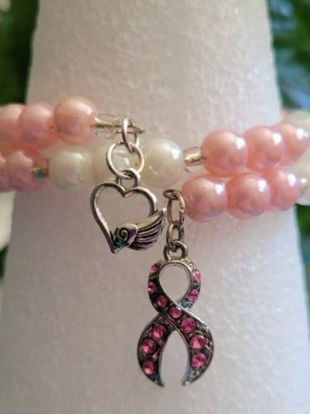Pink Red White Silver Cancer Survivor Bracelets with Pink Charm